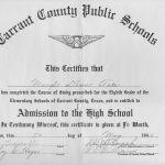 Carroll school graduation certificate of Maryl Dean (Stacy) Tate dated 1944. Courtesy of Stacy family