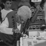 Seen here cutting the cake, Ada Elizabeth "Lizzie" Day Higgins was honored as the oldest known resident of Southlake during the city's 40th anniversary celebration in 1996. Courtesy of City of Southlake